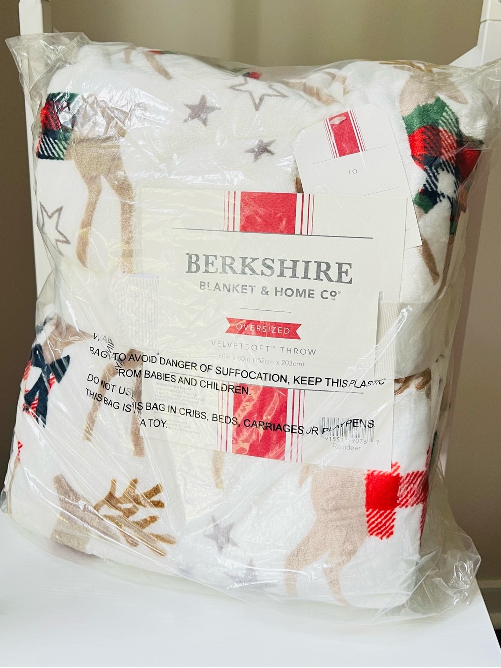 Berkshire White Reindeer Oversized Throw with Plaid Accents NWT